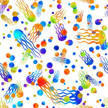 seamless pattern with brush jellyfish and blots . Rainbow watercolor color on white background. Hand painted grange texture. Ink sea elements. Fashion modern style. Endless fabric print. Unusual teen art.