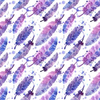 Watercolor feathers seamless pattern. Colorful. White background