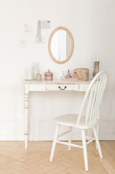 Old wood vanity white table for a woman in the house boudoir