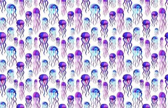 Hand drawn jellyfish. Watercolor pattern. Colorful endless Violet and blue