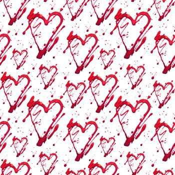 Seamless pattern with shine glitter heart and dots. Gold red draw blots. Hand-made. Isolated on white background. Fabric print. Wallpaper. 3D rendering love
