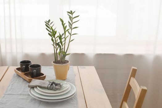 Table served with plates and potted plant in the apartment.