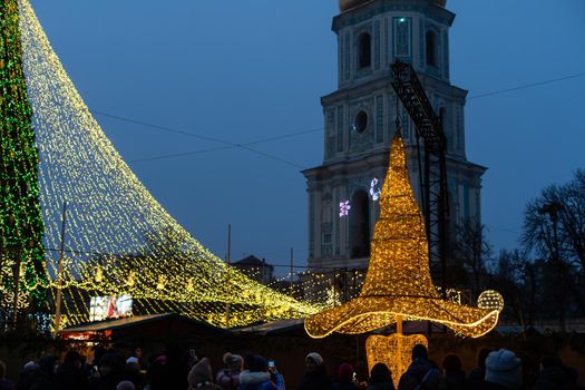 Kiev, Ukraine, Sophia Square, January 5, 2021: Street decoration on the eve of Christmas holidays.