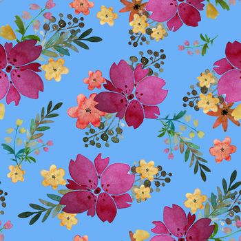 Romantic floral seamless pattern with flowers and leaf. Print for textile wallpaper endless. Hand-drawn watercolor elements. Beauty bouquets. Pink, yellow. green. orange on blue background. Summer