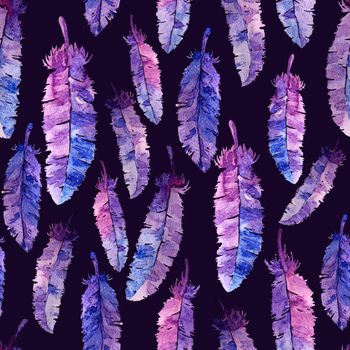 Watercolor feathers seamless pattern. Colorful feathers with watercolor texture pattern. Violet background