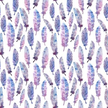 Watercolor feathers seamless pattern. Colorful. White background