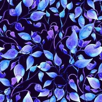 hand painted watercolor blue leaves seamless floral endless background. leaf pattern