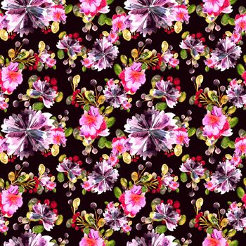 Watercolor floral pattern. Seamless pattern with purple and pink bouquet on white background. Colorful and lovely