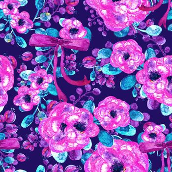 Watercolor floral pattern. Seamless pattern with purple and pink bouquet on violet background. Colorful and lovely