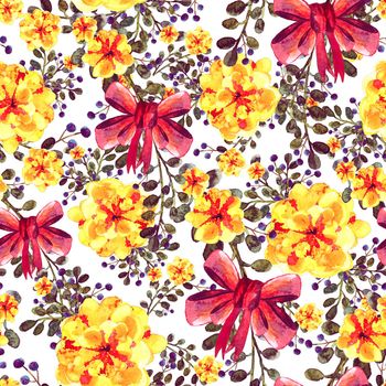 Seamless pattern with bouquets of summer flowers with red bow. Watercolor illustration. On white background