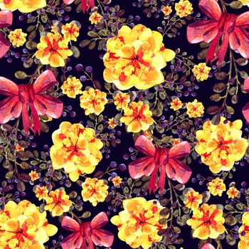 Seamless pattern with bouquets of summer flowers with red bow. Watercolor illustration. On violet background