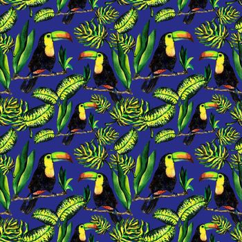 Seamless pattern of leaves monstera and Toucan. Watercolor sheet