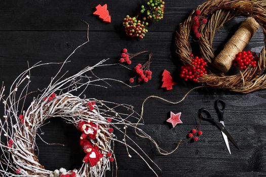 Make a Christmas wreath with your own hands. Workplace for preparing handmade decorations. Top view. Copy space. Still life. Flat lay