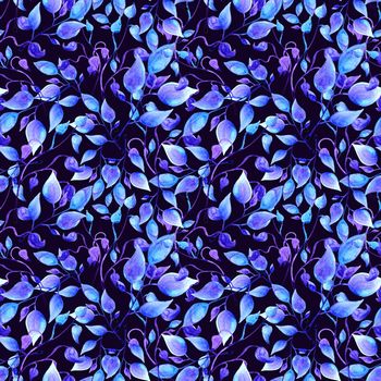 hand painted watercolor blue leaves seamless floral endless background. leaf pattern