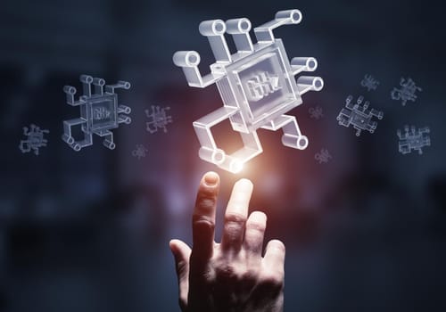 Close of businessman hand touching glass chip icon on dark office background. Mixed media