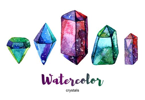 Multicolor minerals. Watercolor illustration of crystal. Set of colorful gemstones.