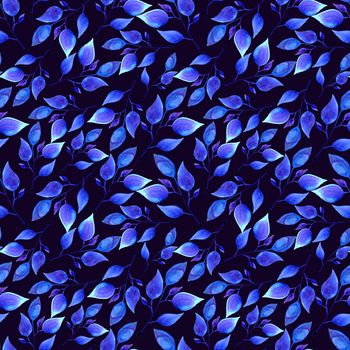 hand painted watercolor blue leaves seamless floral endless background. leaf pattern