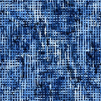 Brush Stroke Plaid Geometric Grung Pattern Seamless in Blue Color Check Background. Gunge Collage Watercolor Texture for Teen and School Kids Fabric Prints Grange Design with lines.