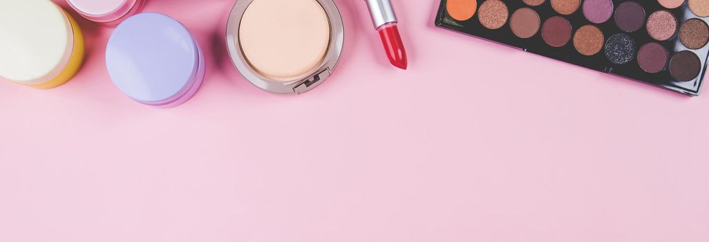 Set of cosmetic makeup tool isolated on pink background, top view, flat lay, brush and lipstick and makeup palette kit, no people, nobody, copy space, group object about beauty, collection make-up.