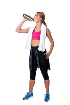 Portrait of sporty young woman tired after a gym workout. Woman with a white towel and a bottle of water isolated on white background