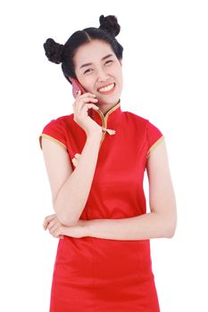 happy woman wear cheongsam and using mobile phone isolated on a white background