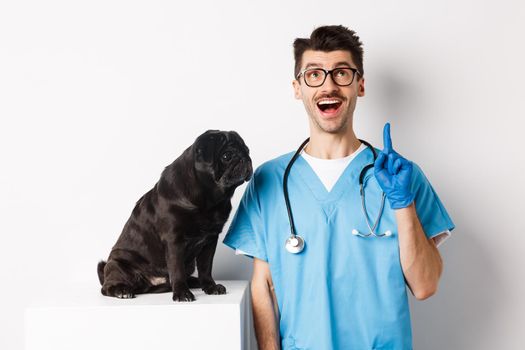 Handsome young doctor at vet clinic pointing finger up and looking amazed, standing near cute black pug dog, white background.
