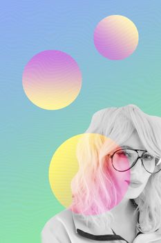 Funky woman in sunglasses. Crazy lady and surreal composition of textures, shapes, gradients. Contemporary art collage. Fashion magazine style for posters, banners, wallpaper. Zine culture. Pop art.