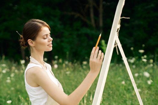 woman artist art drawing nature landscape hobby. High quality photo