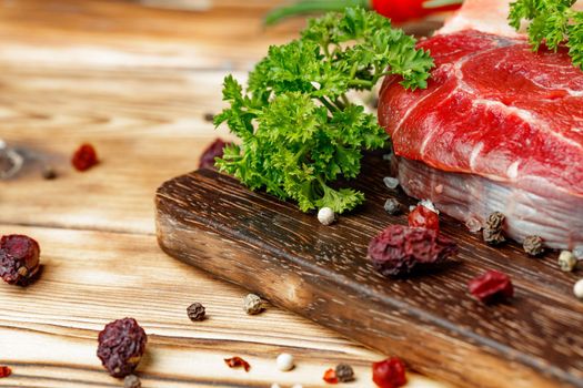 Raw meat slice for grill with seasoning, close up