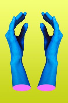 Two hand in a pop art collage style in neon bold colors. Modern psychedelic creative element with human palm for posters, banners, wallpaper. Copy space for text. Magazine style design. Zine culture.