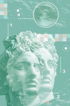 Art collage with antique sculpture of Apollo face and numbers, geometric shapes. Beauty, fashion and health theme. Science, research, discovery, technology concept. Pop art style. Zine culture.