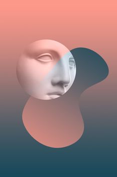 Collage with plaster antique sculpture of human face in a pop art style. Modern creative concept image with ancient statue head. Zine culture. Contemporary art poster. Retro design. Funky minimalism.