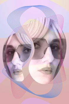 Funky woman in sunglasses. Crazy lady and surreal composition of textures, shapes, gradients. Contemporary art collage. Fashion magazine style for posters, banners, wallpaper. Zine culture. Pop art.