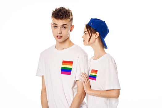 young couple lgbt Flag transgender lifestyle light background. High quality photo