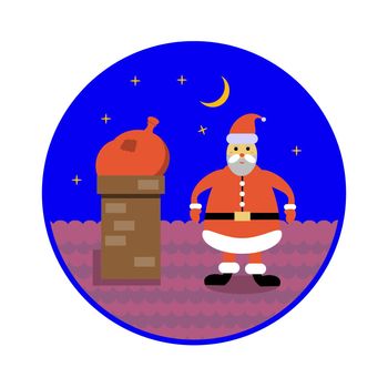 Santa Claus with bag of gifts sits in a chimney on a roof. Cartoon illustration. Cute character pose. Night background.