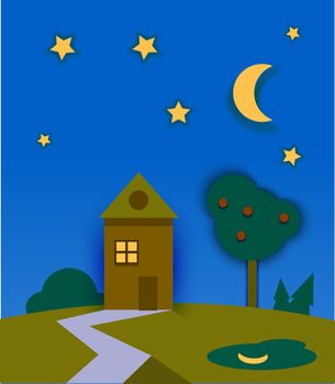 Night time nature landscape with house, moon and stars. illustration