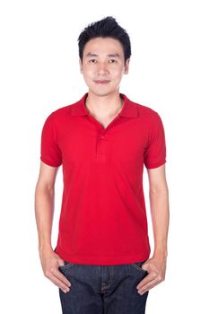 happy man in red polo shirt isolated on white background