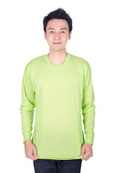 happy man in green long sleeve t-shirt isolated on a white background
