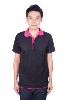 happy man in black polo shirt isolated on white background