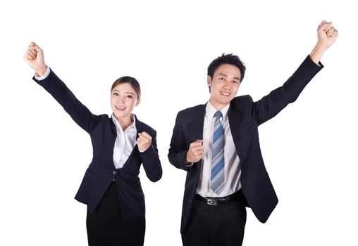 success business man and woman keeping arms raised isolated on white background
