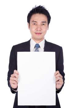 business man holding a blank paper sheet isolated on white background