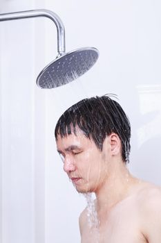 man are taking a rain shower in the bathroom