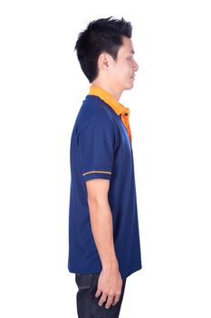 man in blue polo shirt isolated on a white background (side view)