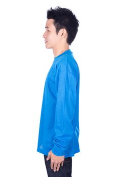 man in blue long sleeve t-shirt isolated on a white background (side view)