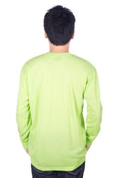 man in green long sleeve t-shirt isolated on a white background (back side)
