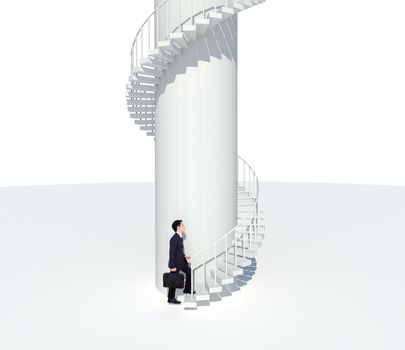 business man going upstairs in a curved staircase to success isolated on white background