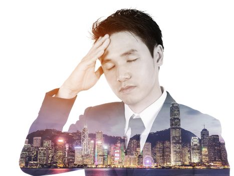 Double exposure of  business man having stress against the city isolated on white background