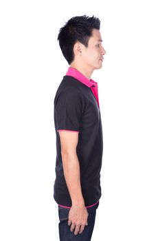 man in black polo shirt isolated on a white background (side view)