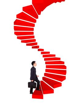 business man going upstairs in a curved staircase to success isolated on white background