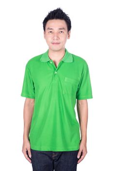 happy man in green polo shirt isolated on white background